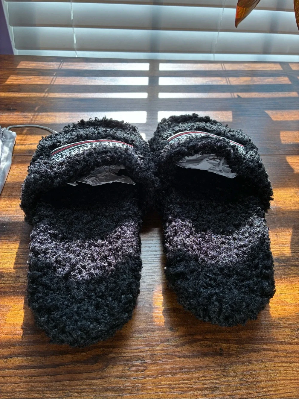 Balenciaga Black Fuzzy Logo Slide Sandals with Red-White Accent